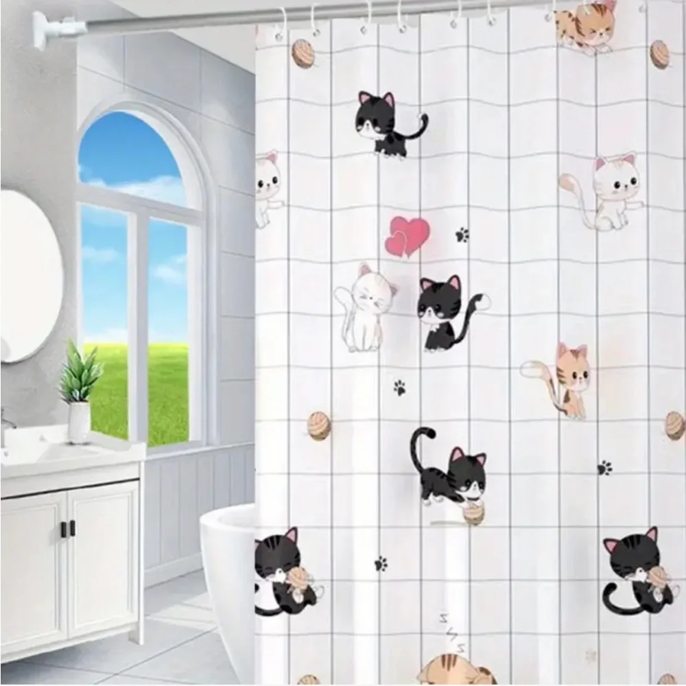 Cartoon Kitty Cat Squares Shower Curtain (71” x 71”) Plus Bonus Hooks